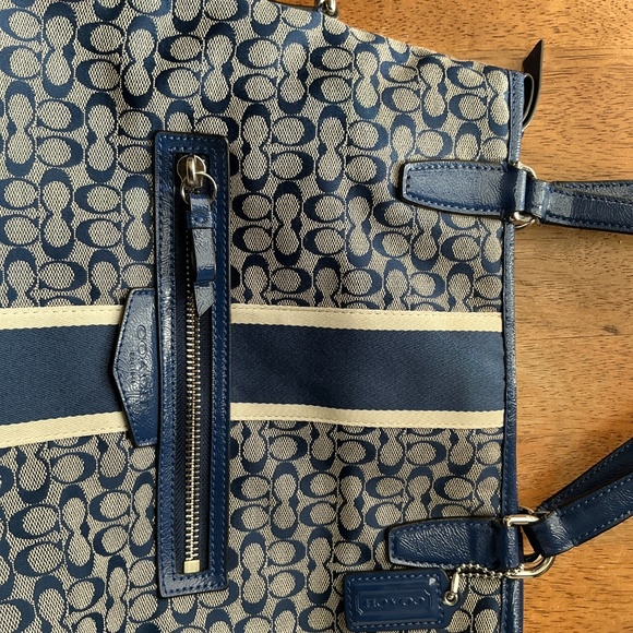 Coach Signature Stripe Handbag – Blue & Gray Canvas with Detachable Strap - Picture 4 of 8